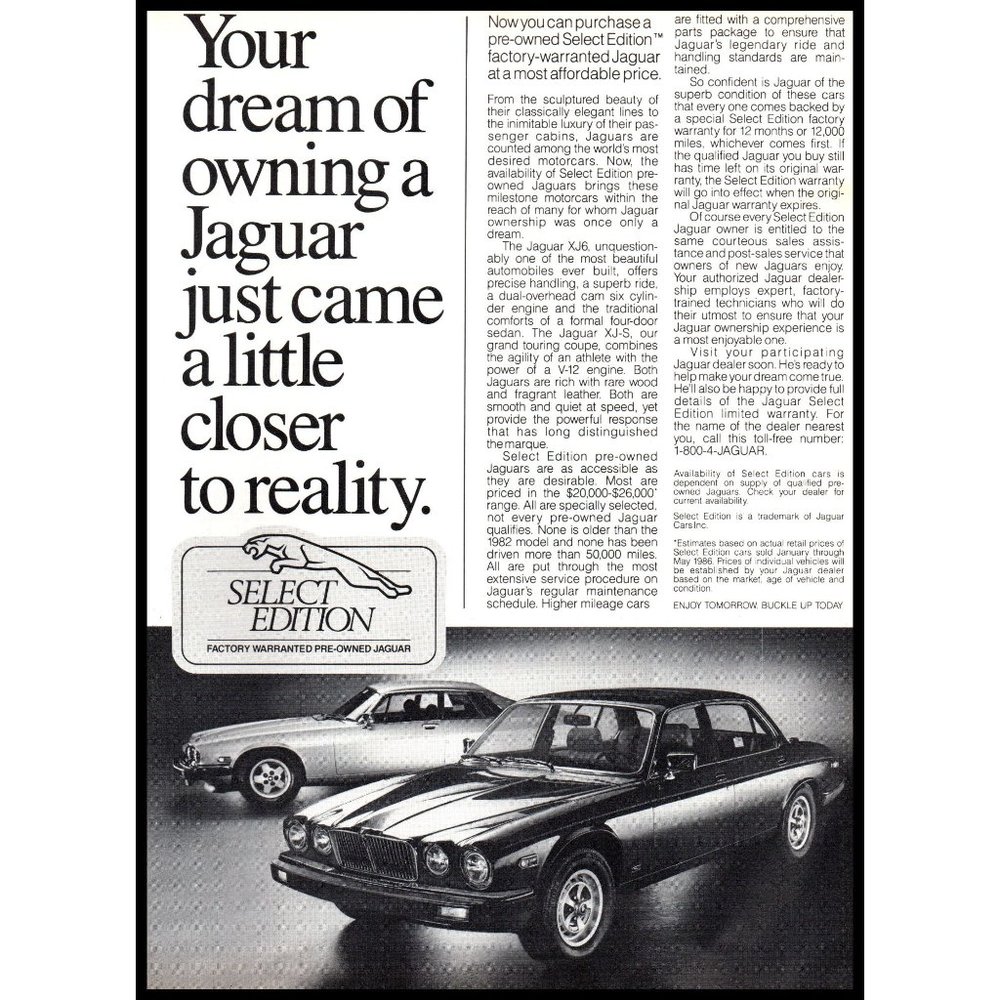 1986 Jaguar XJ Select Edition Pre-Owned Car Vintage Print Ad Wall Art Photo